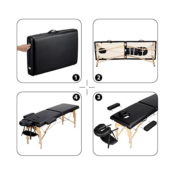 Yaheetech Table de Massage Portable Pliable à 2 Zones Charge 250 kg en Bois Hêtre Hauteur Réglable avec Appuie-tête Amovible Sac de Transport 213 x 60 cm/Noir