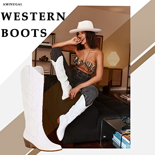 Aminugal Womens Cowgirl Boots Western Embroidered Knee High Pull On Tall Wide Calf Knee High Boots Autumn Western Cowboy Boots For Women #TOP1