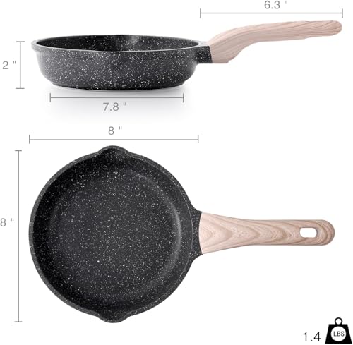 Image of Non-Stick Frying Pan with Wooden Finish Soft Touch Handle, 2.5mm Thickness, Consumes Less Oil, Even Heat Distribution, Induction Bottom and Gas Ready (Black, 20cm)