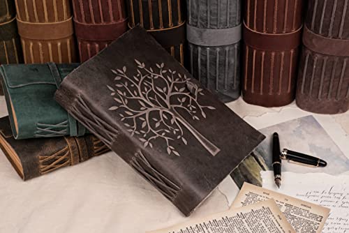 Leather Village Tree Of Life Journal – 8 X 6 (A5) Inches – 200 Antique Deckle Edge Handmade Paper – Book Of Shadows – Chalkboard Grey Color - Vintage Leather Bound Journal For Women & Men #TOP4