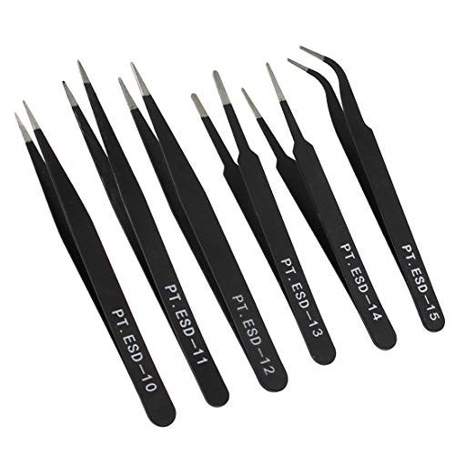 Amgiimor 6Pcs Precision Tweezers Set ESD Tweezers Kit, Anti-Static Stainless Steel Tweezers for Jewelry Craft Electronics Lab (Black)