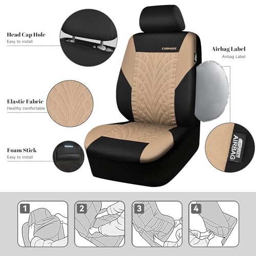 Image of CAR PASS Car Seat Covers Two Front Only for Car, 3D Tyre Print Automotive Interior Covers, Airbag Compatible, Quick Setup Universal Fit Seat Covers for Car, Truck, SUV(Black and Beige)