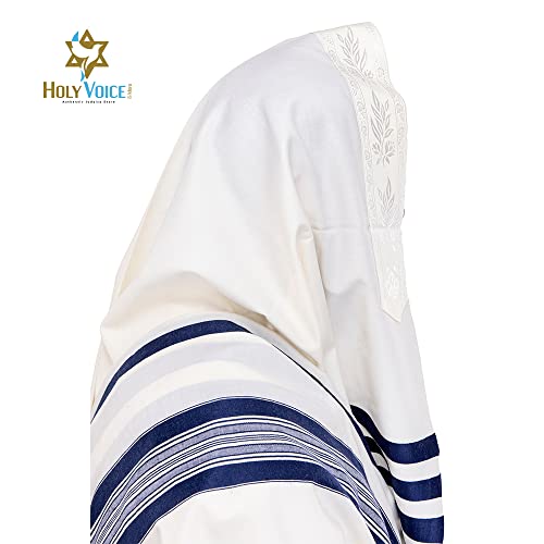 Image of HOLY VOICE 100% Wool Tallit Prayer Shawl Kosher Certified White with Stripes for Men, Made in Israel w / 100% Wool Tzitzit