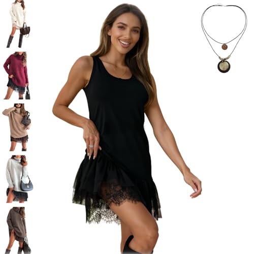 Générique Robe pull à bordure en dentelle, robe nuisette élégante à bordure en dentelle avec pull, ensemble pulls à col roulé et mini-robe pour femme (Black inner layer,2XL)