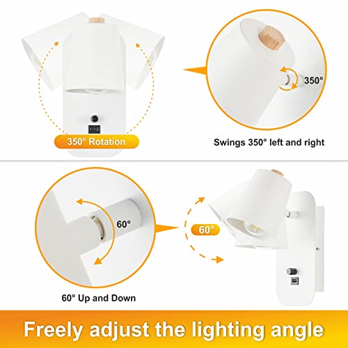 Dastor Plug In Wall Sconces Set Of Two, Adjustable Angle Wall Light Fixtures, Bedside Wall Lamp With Usb Charging Port, White Sconce Wall Mounted Light For Living Room Bedroom #TOP1