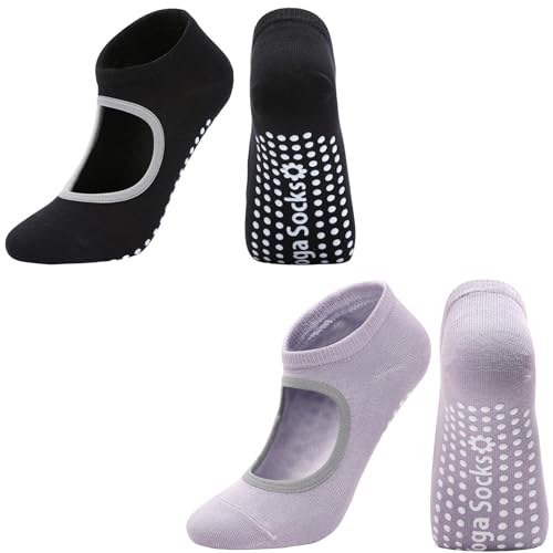 DTWAWA Grip Socks for Women Pilates Socks with Grips Open Top Non Slip Grippy Socks for Yoga, Barre, Lagree, Zumba (Black+Purple)
