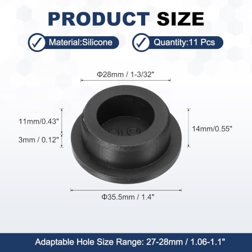 Image of MECCANIXITY 11pcs T-Shaped Silicone Plugs 28mm 1-3 /32 Inch Dia Snap in Plug Hole Seal Cover Round Rubber Stopper for 27-28mm Holes Kitchen Rubber Bulkheads Waterproof Sealing, Black