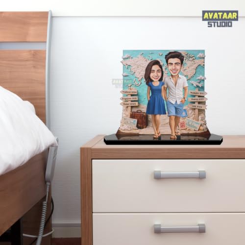 Image of Wood Rectangular Personalized Caricature Gift for Couple, 7 Inches, Tabletop Multicolor, Art Deco Style (COUPLE 16)