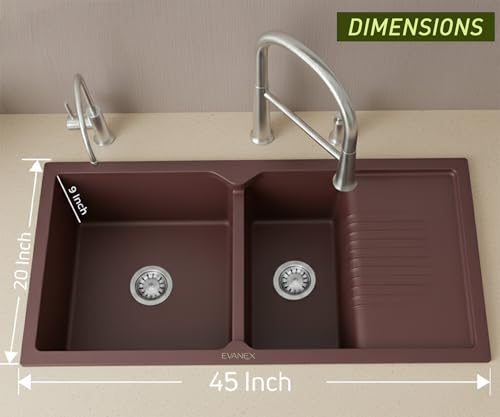 Image of EVANEX Quartz Sink for Kitchen|45x20x9 inch Double Bowl Kitchen Sink with Drain Board|Matt Finish|Brown Quartz Kitchen Sink with Sink Connector, Waste Pipe, Coupling and Drain Basket