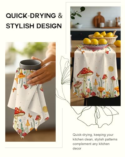 Image of Miss Adola 150GSM Flour Sack Kitchen Towels Set of 2, Mushroom Moon | 18 inchx26 inch, Lightweight, Lint-Free, Pure Cotton, Decorative, with Hanging Loop, Absorbent, Softer after Wash, Giftable Package