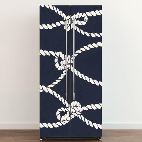 Self Adhesive Vinyl Refrigerator Wrap Rope Knot Seamless Endless Navy White Rope Ornament Nautical Knots Door Mural Sticker Peel and Stick Removable Door Cover Fridge Wrap Decal for Kitchen Decor