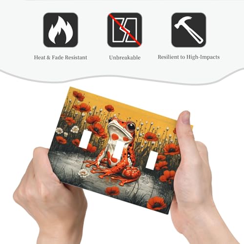 Decorative Light Switch Cover Plate Big Orange Frog Red Floral Wildflower 3 Gang Wall Plate Oversized Triple Toggle Switch Cover Plate Jumbo Faceplate for Bedroom Decor