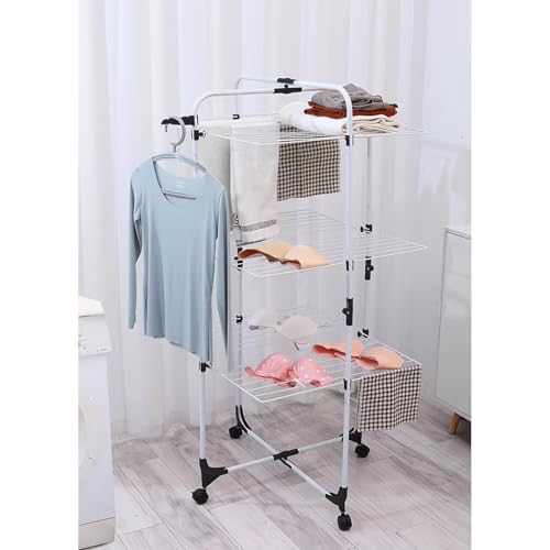 Image of Lukzer Premium 3-Tier Foldable Clothes Drying Rack with Wheels | Portable Laundry Stand for Indoor, Balcony, Apartment | Space-Saving Multi-Layer Cloth Hanger, Heavy-Duty 135x67 cm CH-467