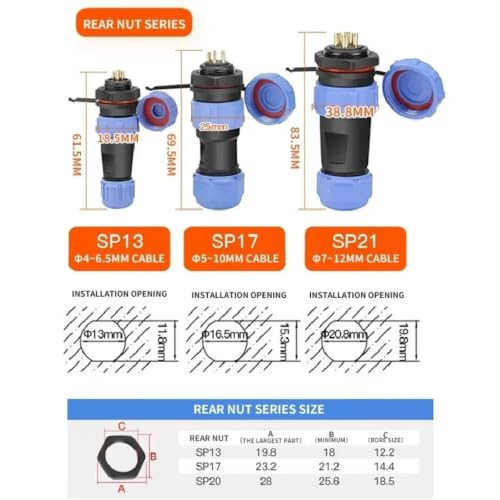 Conector impermeable SP13 de 6 pines enchufe aéreo IP68 para montaje en panel de rosca 8