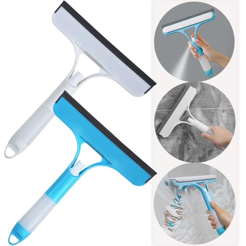 2 Pack All-Purpose Shower Squeegee for Shower Glass Door, Shower Glass Cleaner Squeegee with Spray, Washer, Wiper, 3 Functions in 1, Perfect Household Cleaner Tool