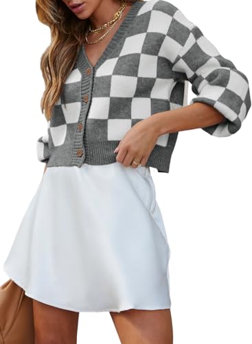 Image of Dokotoo Womens Cardigans Soft Long Sleeve Cable Knit Plaid Cropped Sweaters