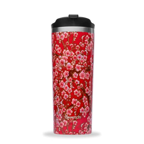 QWETCH - Travel Mug Isotherme - Flowers Rouge 470ml - Thermos Café & Thé en Inox - 6h Chaud et 12h Froid - Sans BPA, Étanche, Mug de voyage