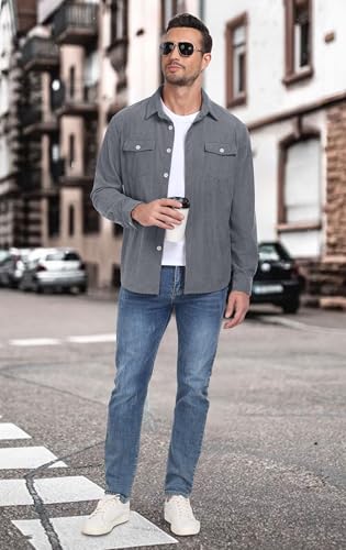 Image of Askdeer Men's Corduroy Button Down Shirts Long Sleeve Casual Shacket Jacket Western Corduroy Shirt Jacket with Flap Pockets