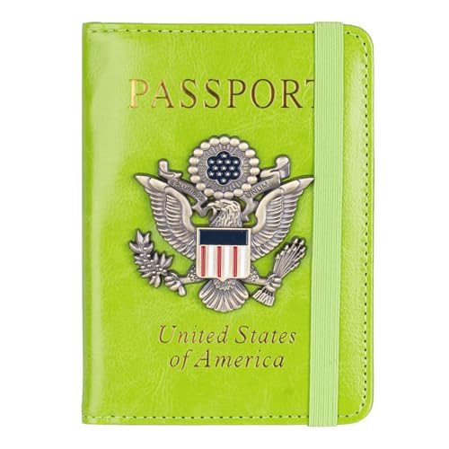 TOURSUIT RFID Blocking Passport Holder for Women Men, Leather Passport Travel Wallet with Metal 3D Metal Badge, Travel Document Holder Cover Accessories (Green)