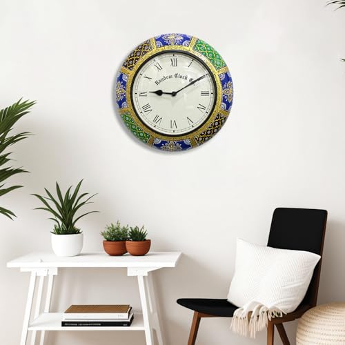 Image of RANDOM Brass Sweep Silent Wall Clock, Embossed Design, Round, 30x30 cm, Multicolour for Home Office (Rajasthani Embossed Design)