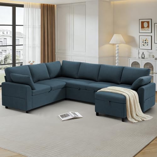 Image of 112 inch Fabric Sectional Sofa w /Pull Out Bed & Storage Chaise, Blue