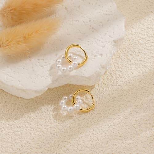Pearl Earrings for Women - Dainty Gold Earrings Trendy 14K Gold Plated Freshwater Pearl Dangle Hoop Stud Earrings for Women Wedding Jewelry Gift for Women