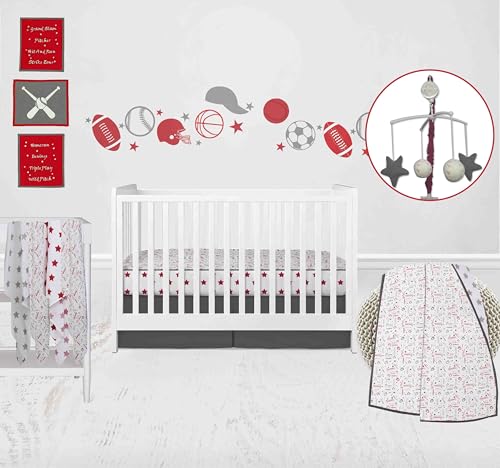 Bacati - Boys Baseball Muslin Red Gray 8 pc Crib Bedding Set