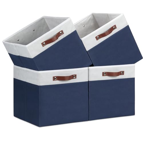 Image of Temary Cube Storage Bins 4Pack Foldable Cube Baskets for Clothes Shelf Storage Basket with Handles, Storage Box Fabric Storage Organizer Bins for Home (White&Blue, 13x15x13 Inch)
