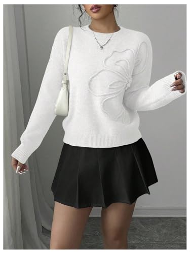 Image of RoseSeek Women's 3D Floral Appliques Crewneck Sweaters Long Sleeve Drop Shoulder Pullovers Elegant Knit Tops