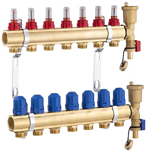 Colector para Suelo Radiante de Latón con 7 Salidas/Retornos | Incluye Caudalímetro para Control Preciso | Alta Resistencia y Durabilidad | NOYON & THIEBAULT