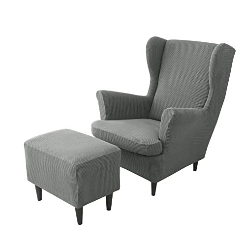 JHLD Stretch Wing Chair Cover Set, 2 Piece Wing Chair Slipcover with Ottoman Cover Wingback Chair Cover Plaid Wingback Chair Slipcover Footstool Protector Covers for Dogs-Dark Grey-3 Piece