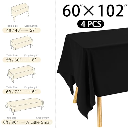 Image of 4 Pack Rectangle Tablecloth 60x102 Inch Black Washable Polyester Table Cover for Wedding Dining Table Buffet Parties Banquet Decoration(Black)