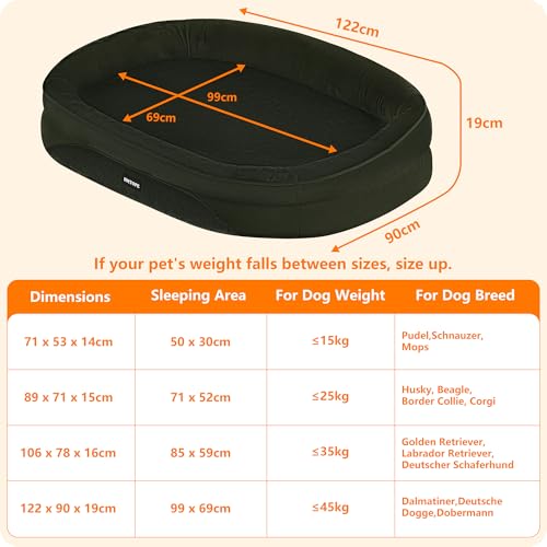 Orthopedisch hondenbed, hondenbank, vierzijdig nekrolkussen, antislip onderkant, hondenmand, afneembaar en wasbaar, grote honden, 122 x 90 x 19 cm, olijfgroen - Afbeelding 5