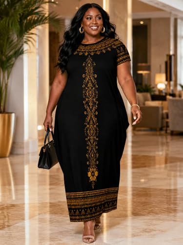 Image of Plus Size Maxi Dress for Women Short Sleeve V Neck Casual Loose Sundress with Pockets