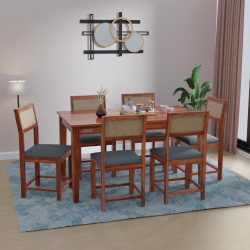 Image of DRIFTINGWOOD Amber Solid Sheesham Wood 6 Seater Dining Table Set with Rattan Back Chairs | Grey Velvet Cushioned Seating for Home & Dining Room (Honey Finish, DIY)