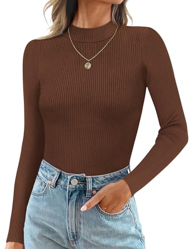 Ekouaer Mock Turtle Necks Tops for Women Long Sleeve Ribbed Shirts Thermal Slim Fit Lightweight Undershirts Brown XL