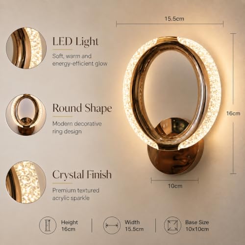 Image of fizzytech Crystal LED Wall Light, Modern Gold Finish Decorative Wall Lamp with 3 Colour Changing Modes for Living Room, Bedroom, Hallway & Home Decor (Round, Pack of 1)