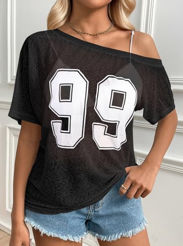 Image of Hilinker Women's Sheer Off The Shoulder Tops See Through Sexy Short Sleeve Mesh Shirt Summer