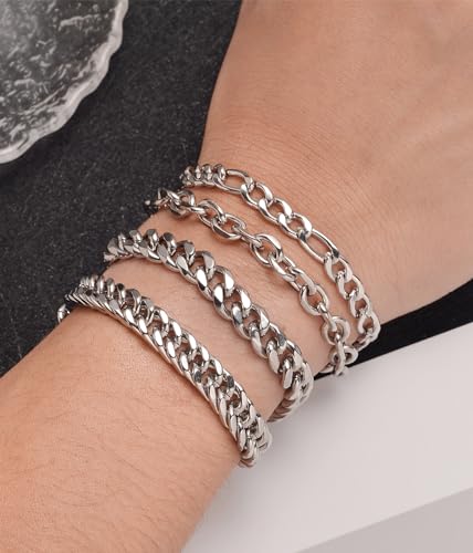 Tornito 8Pcs Chain Bracelet Stainless Steel Curb Width Rope Figaro Cuban Link Paperclip Twist Chain Bracelets Set for Men Women 7.5/8.3/9.0 Inches4