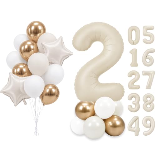 Image of PartyWoo Beige Number 2 Balloon 40 Inch 25pcs White Sand Foil Star Gold