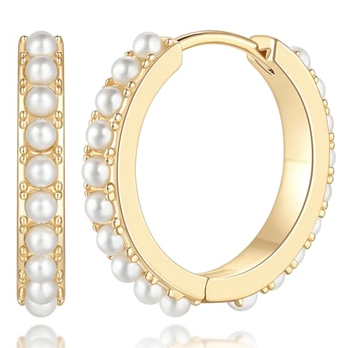 Pearl Earrings for Women 14K Gold Pearl Hoop Earrings for Women Small Gold Pearl Earrings Dainty Pearl Earrings Elegance Gold Pearl Huggie Hoop Earrings 13 MM/18 MM