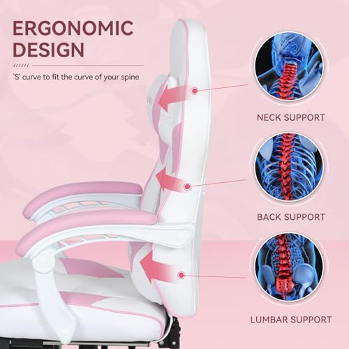ELECWISH Computer Gaming Chair, Ergonomic Gaming Chairs for Adults PU Leather High Back Racing Style Chairs with Footrest Widen Thicken Seat and Lumbar Support (Pink)