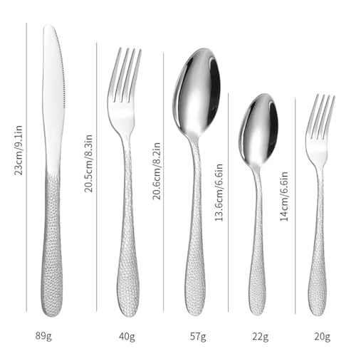 Image of aDai Premium 20 Piece Stainless Steel Cutlery Set | Elegant Hammered Handle Flatware | Includes Spoon Fork Knife Teaspoon | Durable Rust Resistant | Perfect for Gifting (Silver)