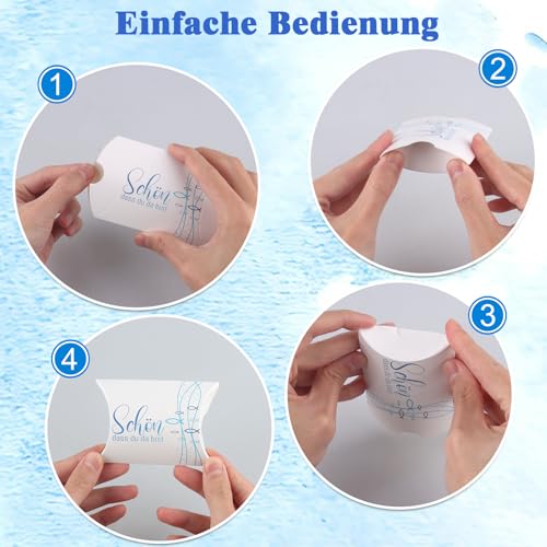 50 kleine Geschenkboxen „Schön, dass du da bist“ – Kraftpapier-Geschenkverpackungen (210 g/m²) für Taufe, Kommunion, Hochzeit & kleine Aufmerksamkeiten – 9x6x2,5 cm (Blau)