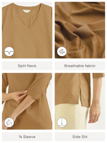 Image of SAADAA Airy Linen Split Neck Short Kurta for Women | Casual & Office Wear | 3 /4 Sleeves, Comfortable Fit | Elegant Top | Lightweight & Breathable Fabric |