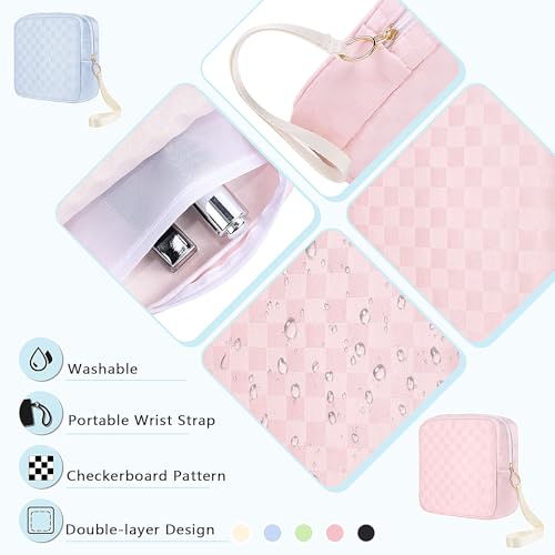 Image of Likesing Upgraded 5.3 inch Checkered Mini Makeup Bag, Beige Small Cosmetics Bag for Purse, Portable Small Makeup Pouch with Wrist Strap, Thickened Travel Mini Toiletry Bag for Womens Girls