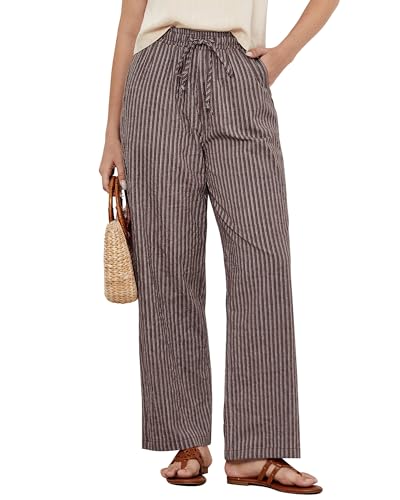 GRAPENT Striped Wide Leg Pants Womens Wide Leg Linen Pants Womens Linen Blend Spring Summer Drawstring Brown White Stripe Size Large US 12 to 14