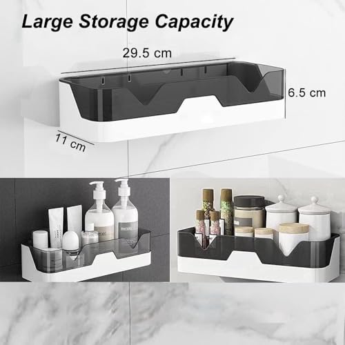 Image of MosQuick Pack of 2 Self-Adhesive Plastic Bathroom Rack Bathroom Organiser Without Drill Bathroom Shelves Wall Mounted Shelves Kitchen Shelf Storage Rack Bathroom Accessories Rack Shelf White & Black