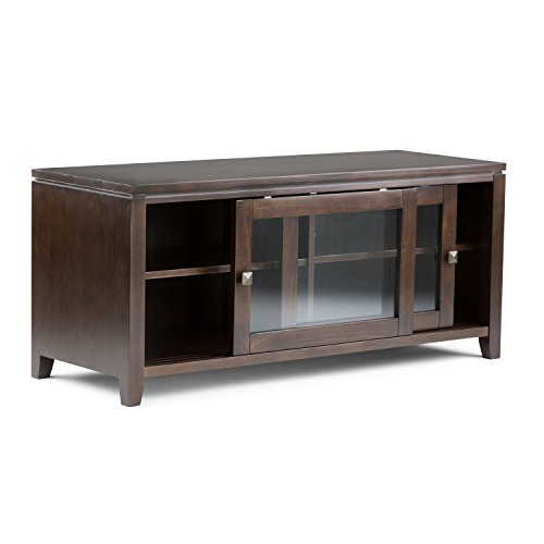SIMPLIHOME Bedford SOLID WOOD Universal TV Media Stand, 53.9 inch Wide, Living Room Entertainment Center, Storage Cabinet with Glass Doors, for Flat Screen TVs up to 60 inches in Dark Tobacco Brown