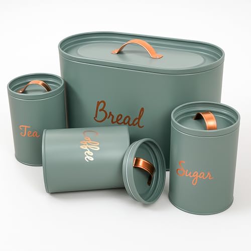 Besto Kitchen Canister Set with Bread Bin (Green) | Metal Airtight Tea Coffee Sugar & Bread Canister with Silicone Seal | Kitchen Storage Set (4 Pcs) That Keep Edible Fresh for Longer